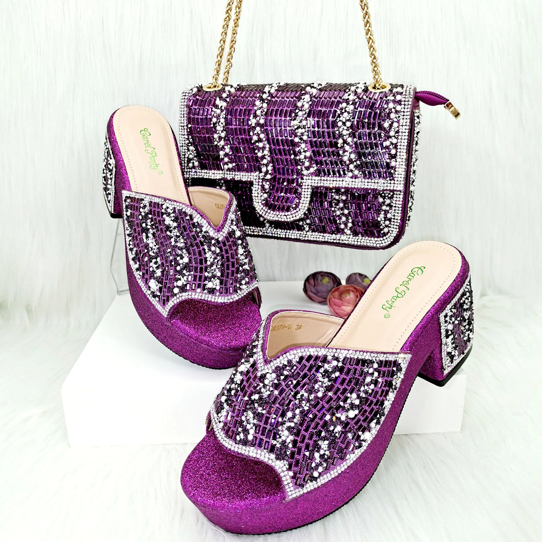 

New Arrival Products Classic Mature Women's Shoes Shiny Retro Alloy Rhinestone Accessories Purple Color Party Shoes