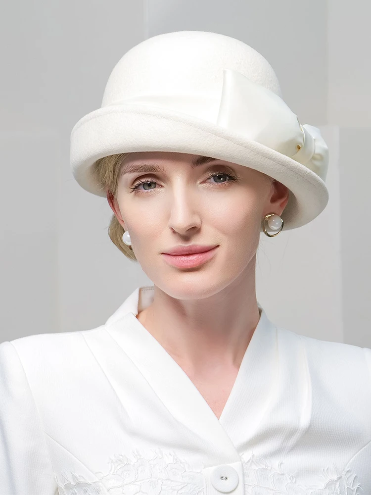 Chapeaux Fedoras en feutre de laine pour femmes, blanc, noir, élégant, à bord bouclé, pour mariage, mariée, église formelle, Cocktail, fête de thé