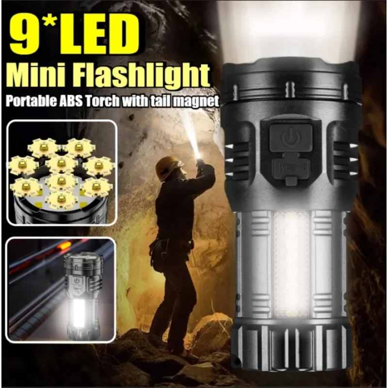 Senter Mini LED 9 "dengan lampu samping ABS senter LED isi ulang portabel baterai tanam lentera daya tinggi 4 mode pencahayaan