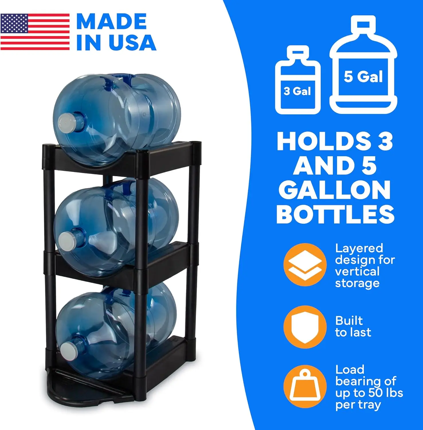 Bottle Buddy Cascada Pour & Store System Water Bottle System-3-Tier 5 Gallon Jug Storage Rack with Floor Protector