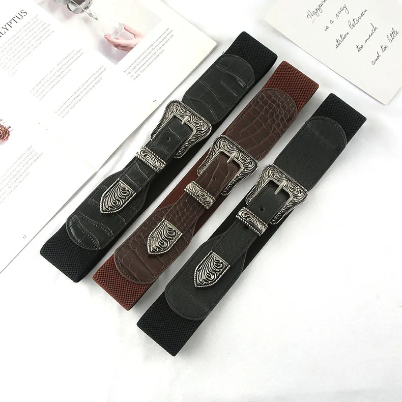 

European and American Retro Engraved Three-piece Buckle Black Elastic Waist Seal,suit Sweater Jacket Decorative Waist Belt Trend