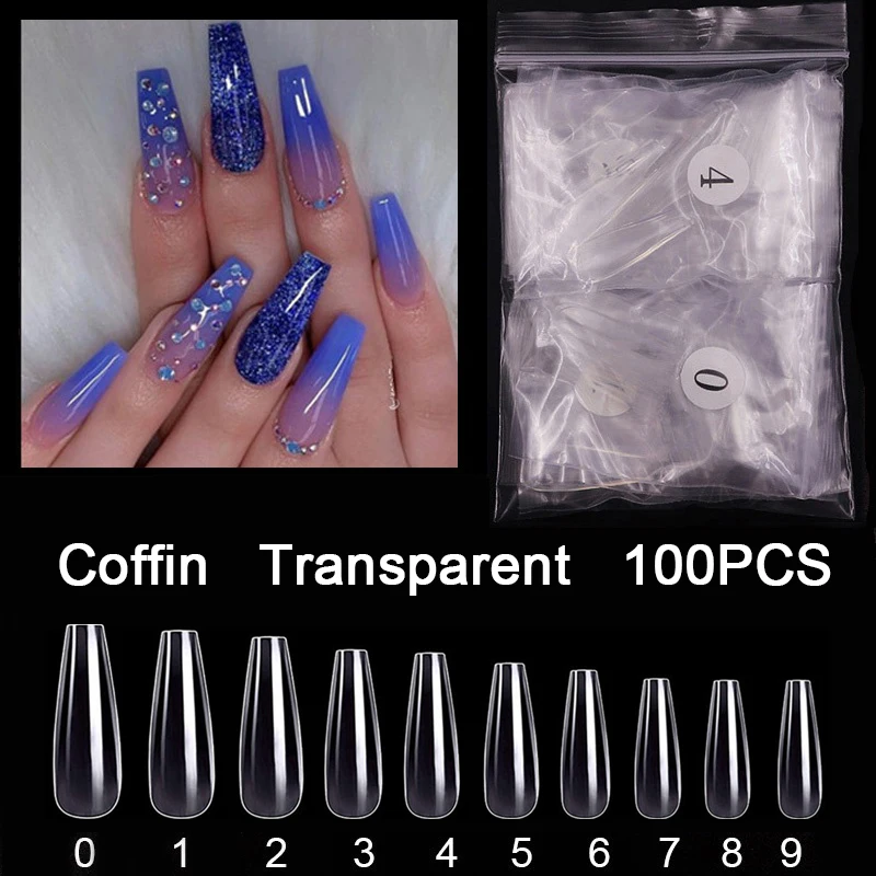 

100Pcs/bag Clear Full Cover Coffin Fake Nails Long Ballerina False Nail Art Tips Press On Nails Coffin Nails Art Tips Manicure