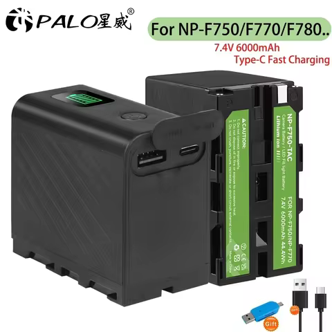 6000mAh NP-F750 NP-F770 Battery NP F750 NP-F550 LED Power Indicator Battery + Type-C Port for Sony NP-960 F970 CCD-TRV58 MC1500C