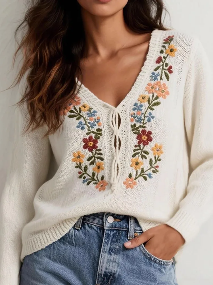 

Casual Knit Print Sweater For Women Fashion Long Sleeve V Neck Lace-up Pullover Sweaters Lady Holiday Women's Clothing Spring