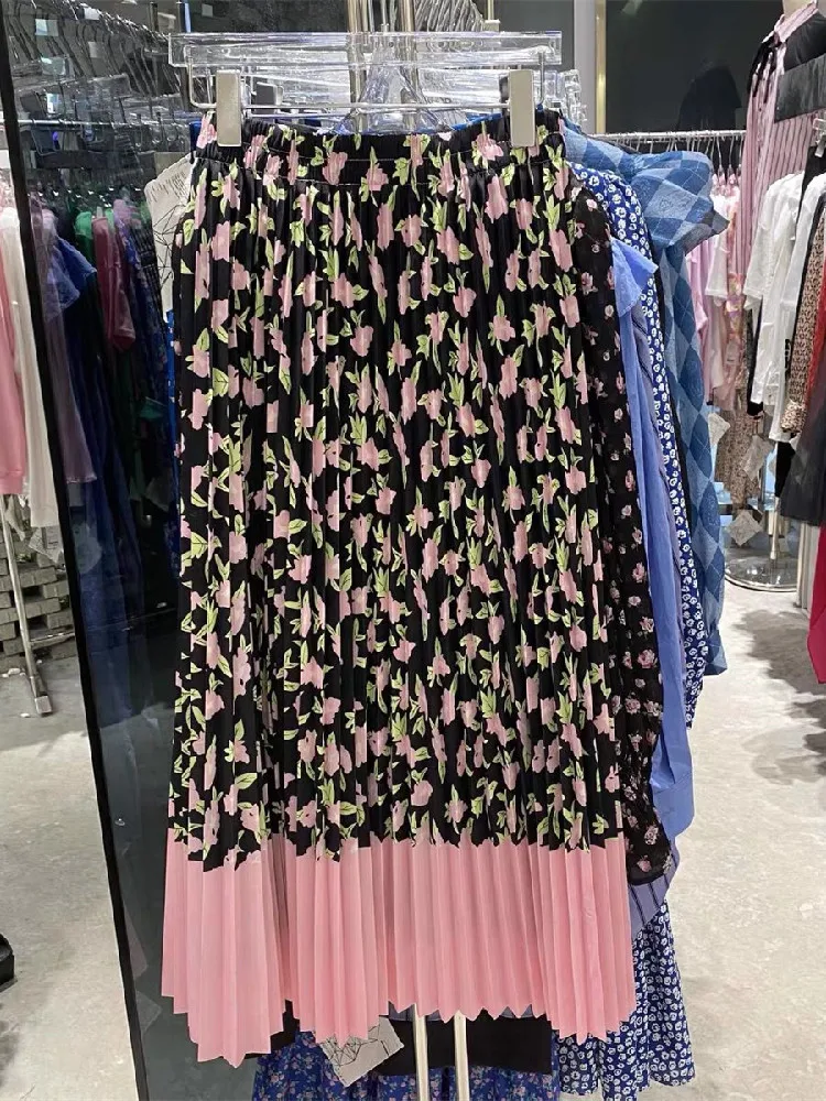 Korean Style Spring Summer Contrasting Printed Pleated Elastic Waist A-line Skirt Plaid Skirt  vintage Pleated Skirt