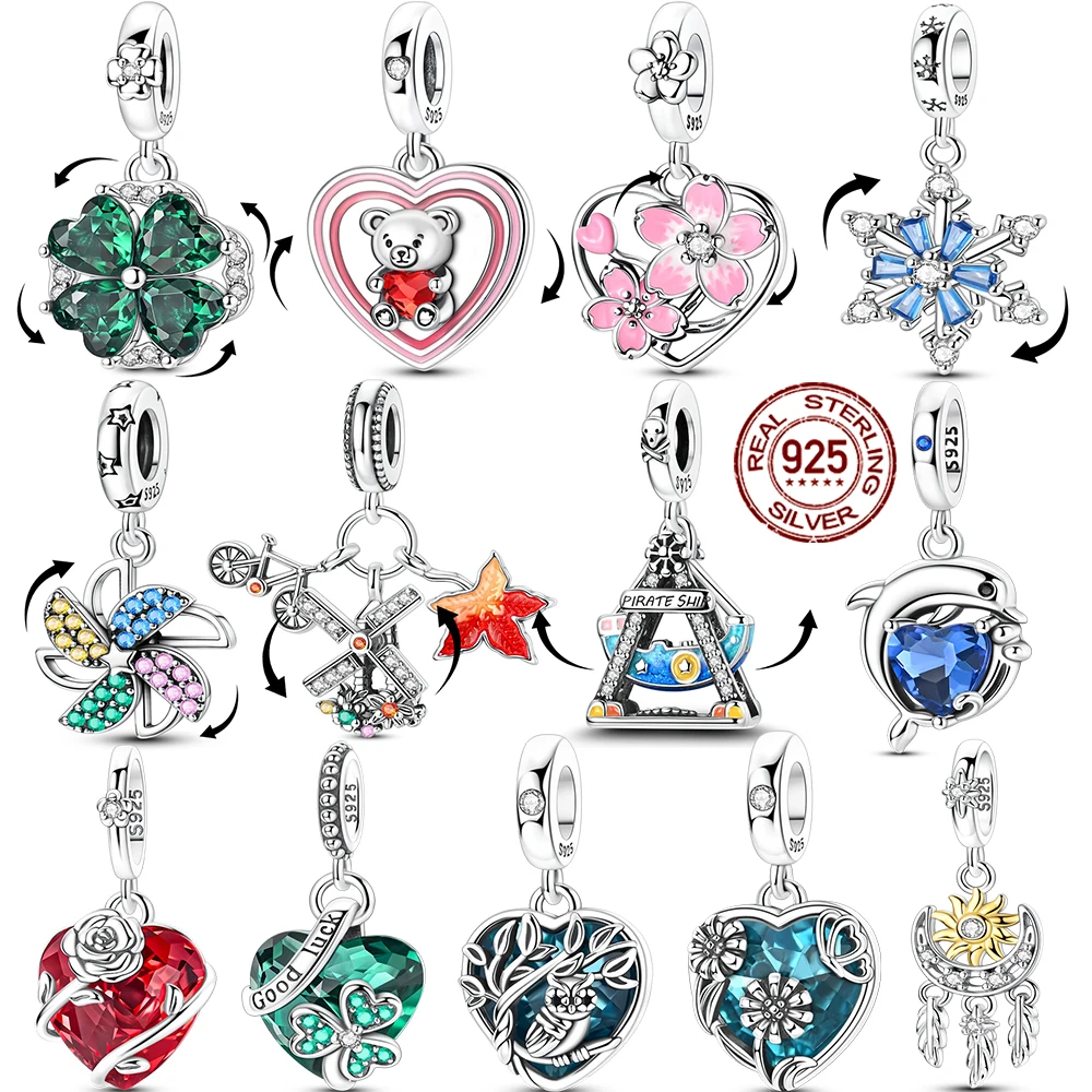 

New 925 Sterling Silver Rotatable Clover Snowflake Love Dangle Fit Original Charm Pendent Dangle Bracelet DIY Women Jewelry Gift