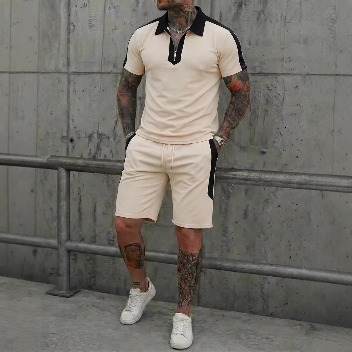 2026 Summer New Men's POLO Set Patchwork color collision High street Trend Fashion Daily Men's Casual Sports Suit 