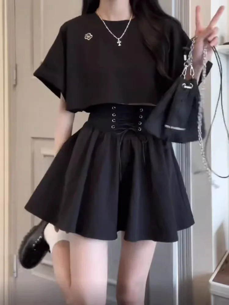 

Sweet Cool Spicy Short T-Shirt Women's 2026 Design Sense Splice Waist Drawstring Skirt Set Summer Fashion Ensemble