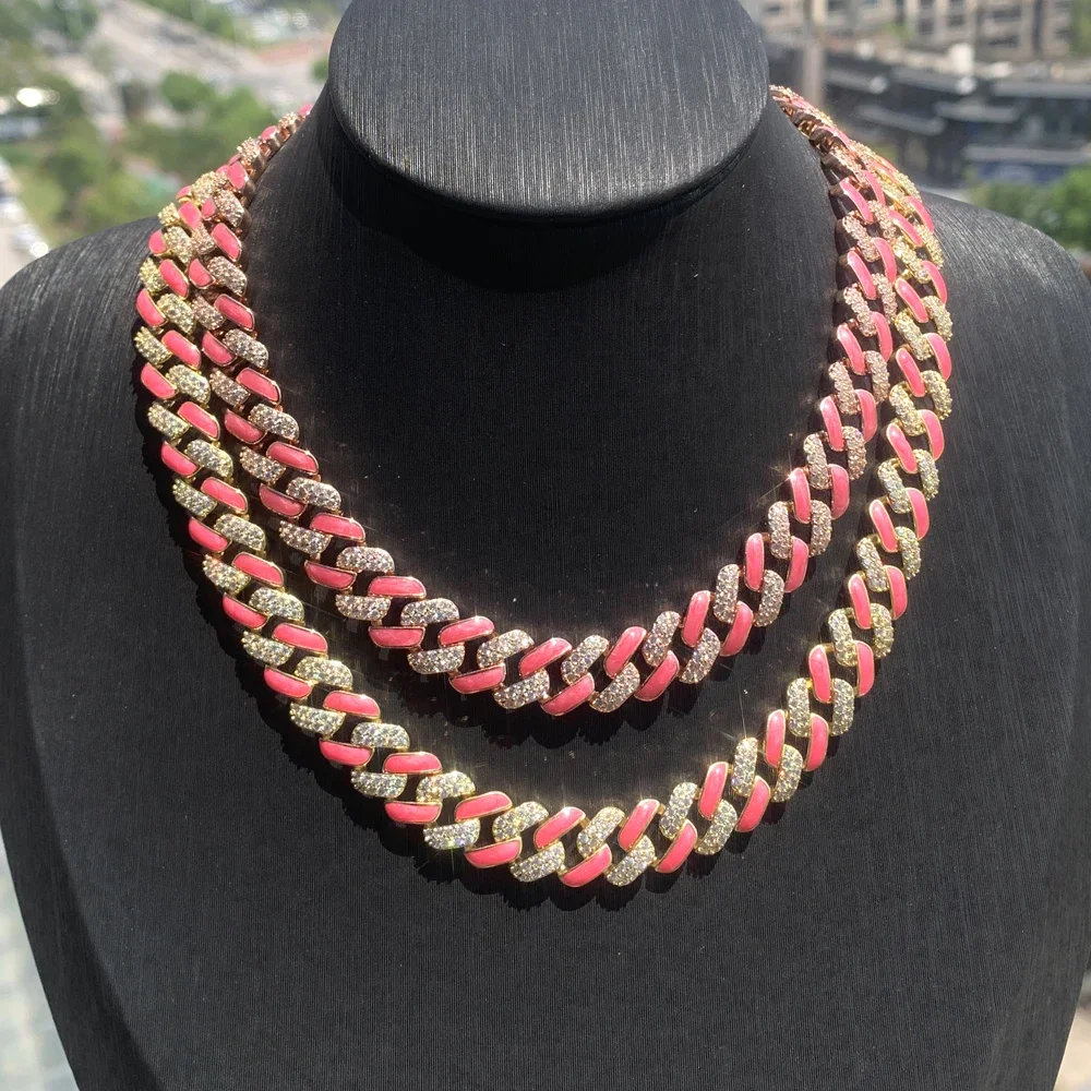 

Wholesale Bling Cz Pink Enamel Cuban Link Chain Choker Necklace for Women Gold Color Hip Hop Cuban Choker 15" 16"