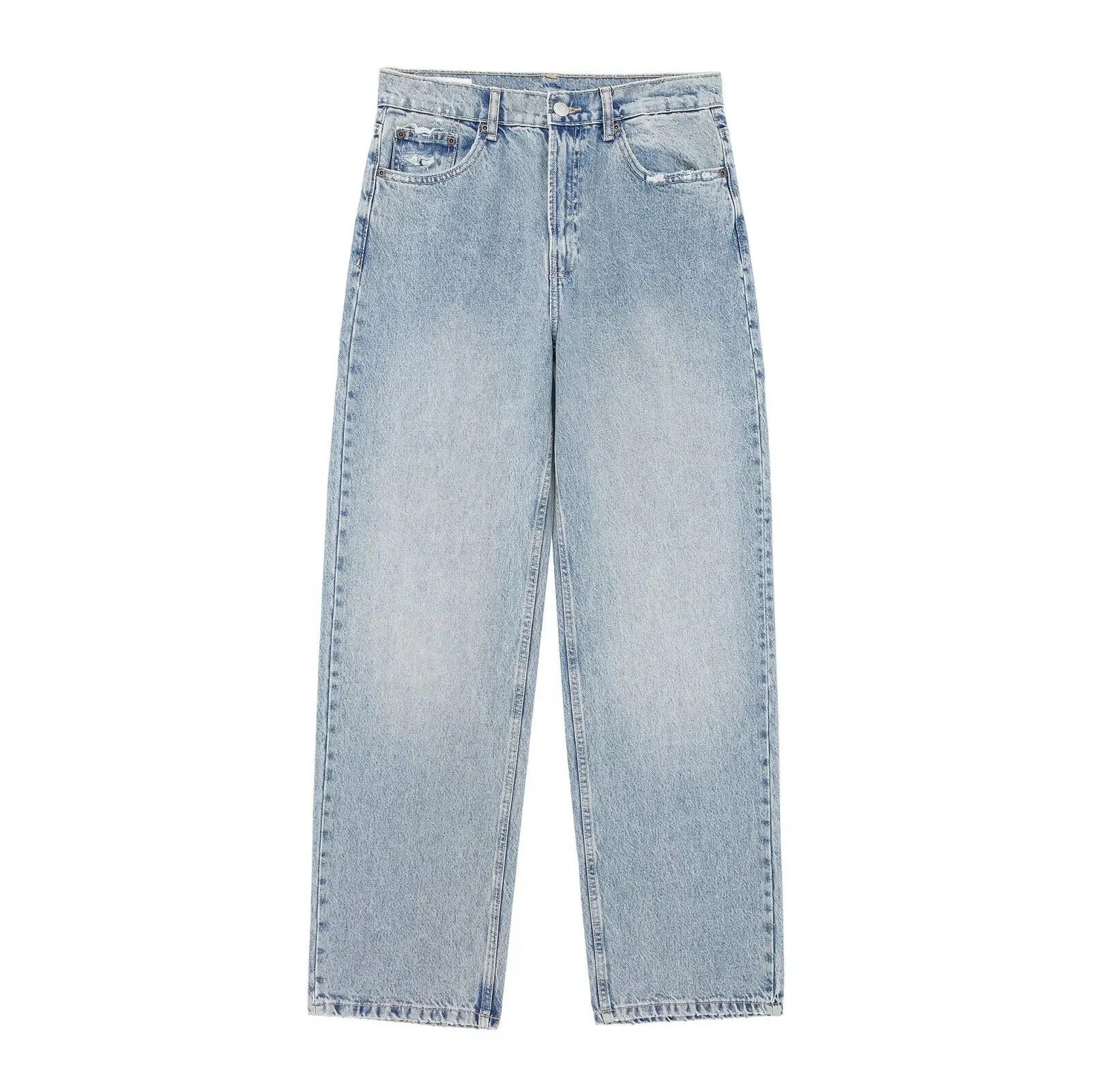 Jeans For Women Denim Solid Loose Zipper Fly Female Hole Trouser Pockets Wild Basic Commute Woman Wide Leg Long Pant