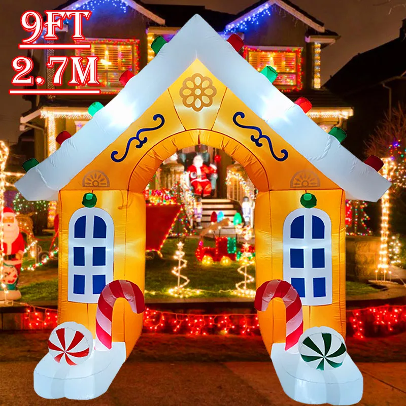 2.7m/9FT Christmas Inflatable Decoration Candy House Arch Inflatable Model with LED Lights Indoor Outdoor Holiday Xmas Decor