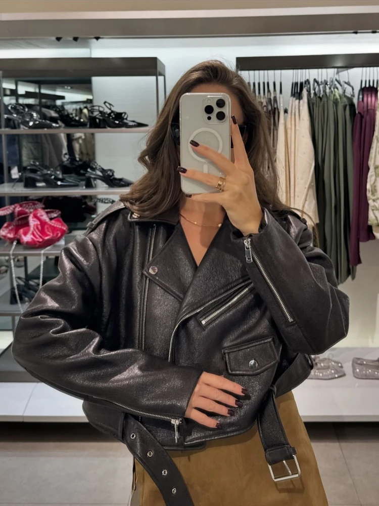 Original Quality Faux Leather Biker Jackets For Women Sexy Short Jacket Women Coats Belts Zipper Pockets Leather Jacket Outwear