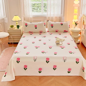1PC or 3PCS Bed Flat Sheet Pillowcases Bed Cartoon Printed Top Sheets Single/Queen/King Fl