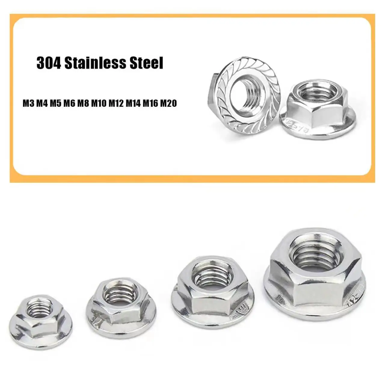 304 Stainless Steel Lock Nut DIN6923 Hexagon Flange Nut M3 M4 M5 M6 M8 M10 M12 M14 M16 M20 Serrated Spinlock Flange Nuts
