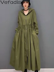 Vefadisa 2024 Autumn New Green Women Trench Coat Hooded Long Sleeve Waist Long Coat Fashion Casual All-match Coat ZXY753A