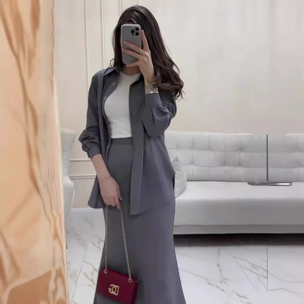 Abayas für Frauen Outfits Hemd Rock Einreiher Anzug Ramadan Marokko Dubai Eid Muslim Ensemble Islam Arab Jalabiya Outfits