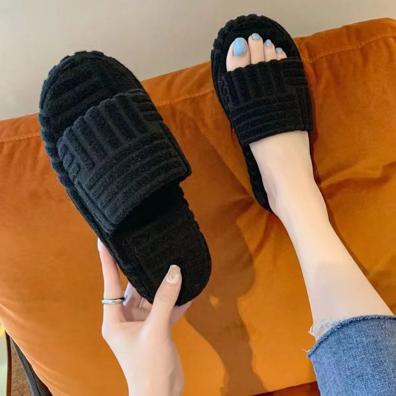 Large Size One Word Thick Bottom Warm Wool Slippers Women Outer Wear Green All-match Thick Bottom Embossed Towel Cotton Slippers