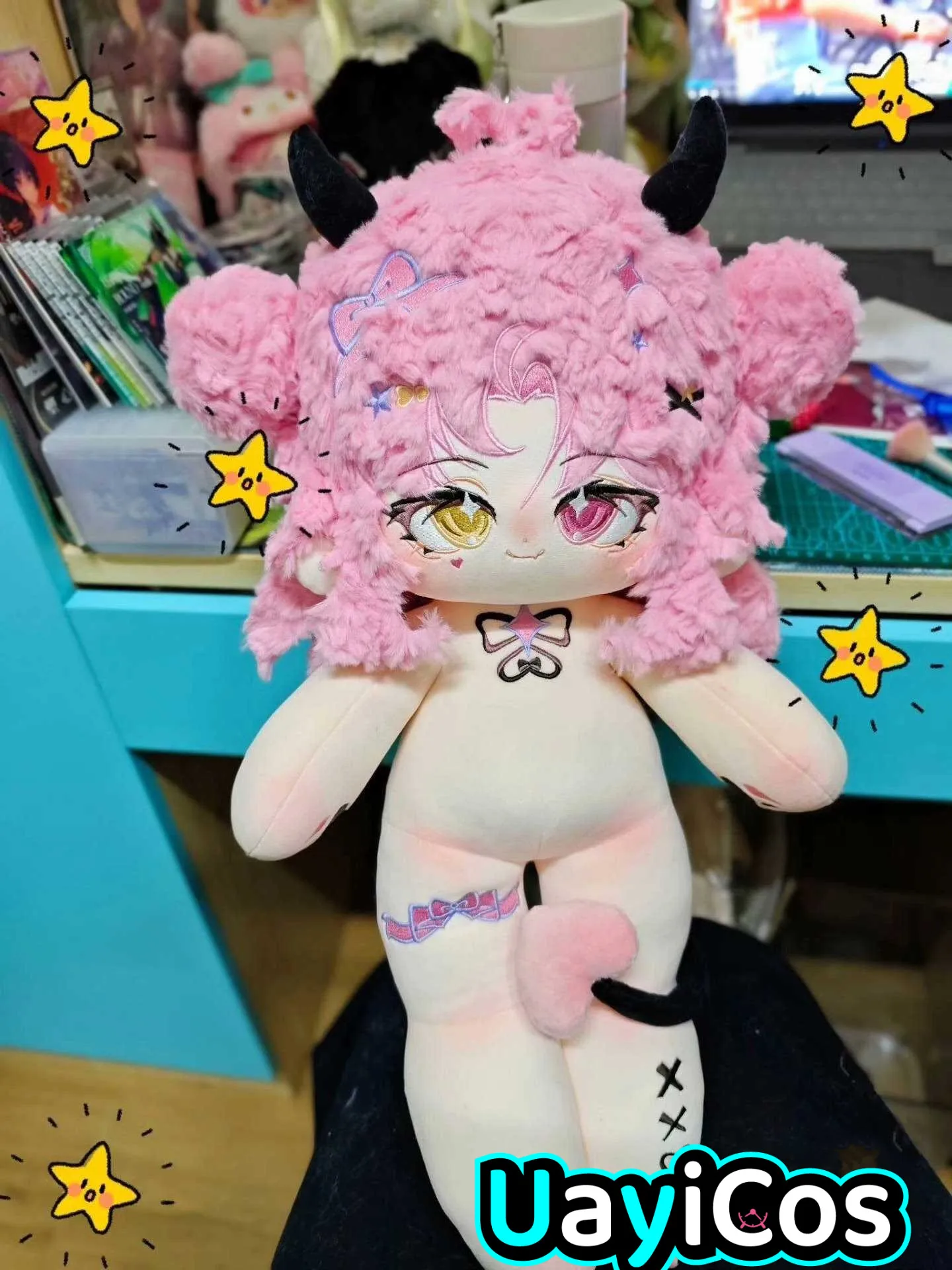 60cm Anime Pink Hair Bow luo jia Black Horn Angel Princess Fairy Girl Stuffed Long legs Plushies Plush Cotton Doll Body Toy For