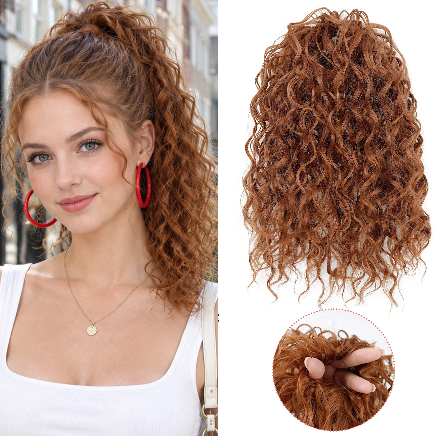 10Inch Deep Wave Elastic Band Ponytail Synthetic Hair Extension Curly Ponytail Hairpiece Easy Install Elastic Ponytail Extension