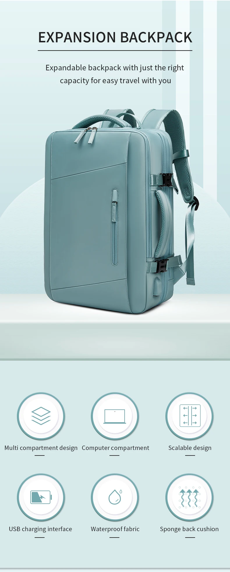 Reiserucksack für Männer, erweiterbar auf 39L, Wander- und Business-Laptop-Rucksack für Frauen, USB-Ladefunktion, 17 Zoll, wasserdichter Schulrucksack – Detail 2