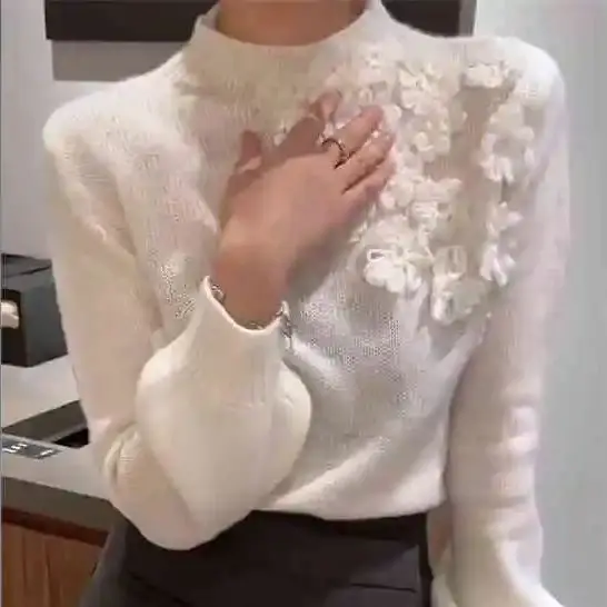 

Women Knitted Sweater Light Luxury Beautiful Three-Dimensional Flowers Winter French Exquisite New Tops Sweaters