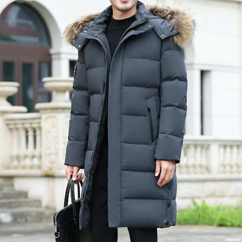 Winter Fur Collar Down Jacket Men's Luxury Business Thickened Warm White Duck Down Coat Men Casual Long Cold-proof Hooded Parka