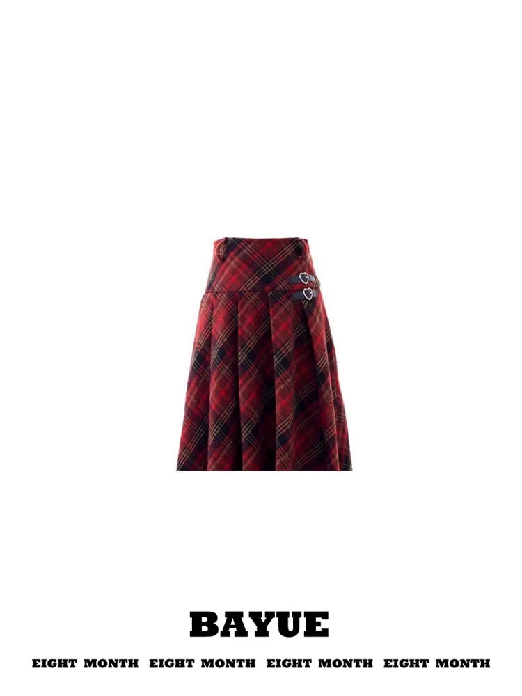 Retro British Style Long Plaid Woolen Skirt Autumn Winter High Waist A-Line Skirt Daily Wear Ladies Fashion Spring Autumn