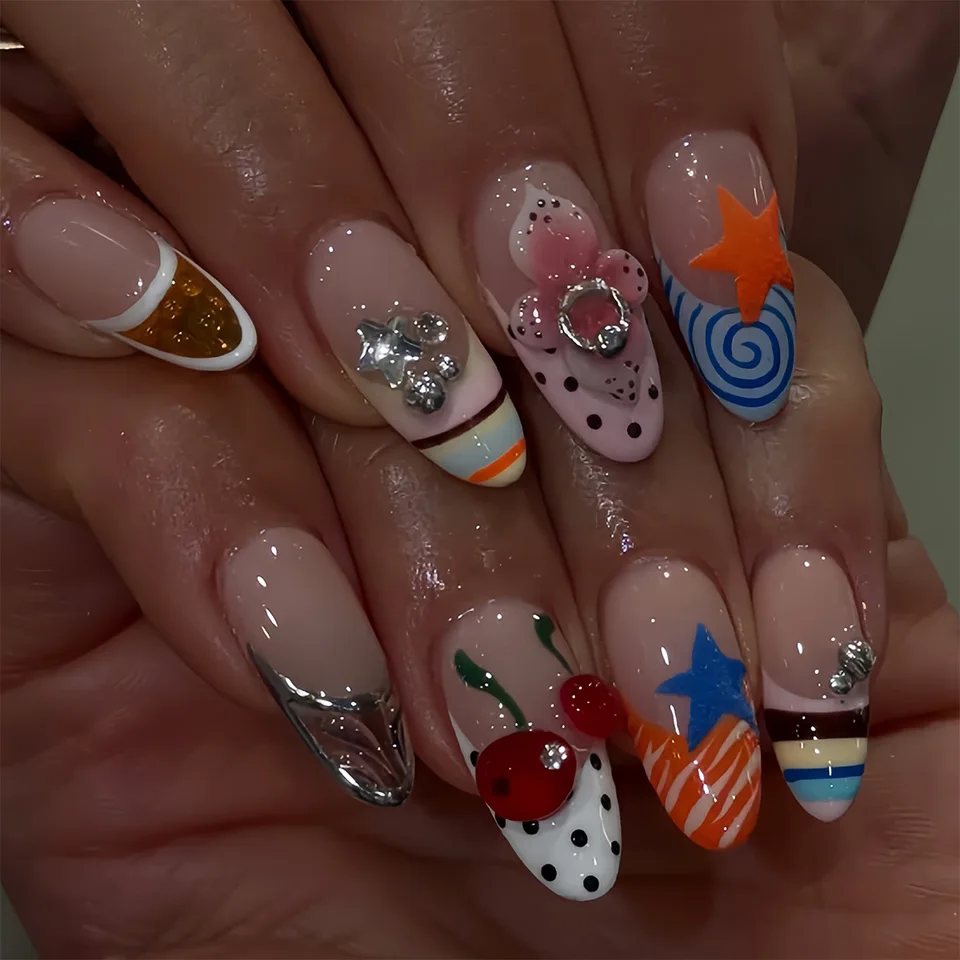 24 Uñas Postizas Largas Almendradas con Diseño de Estrellas y Cristales, Rosadas con Estampado Francés de Leopardo y Negro 6