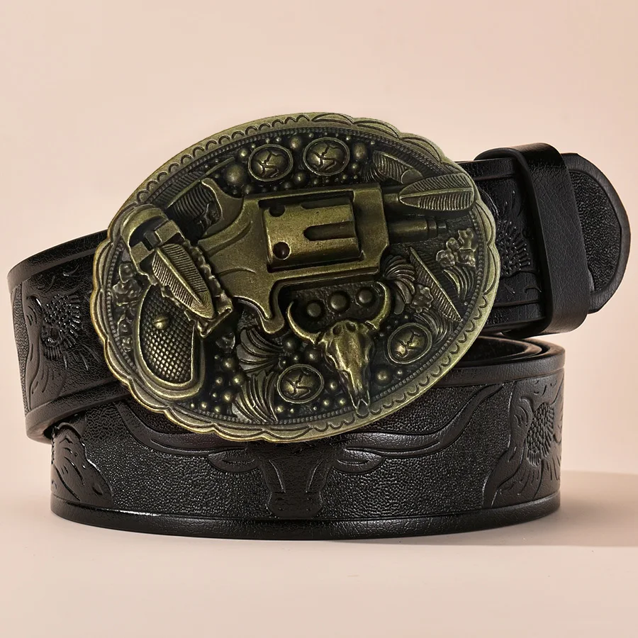 1pc men's Western style belt, gun, carved floral patterns and long horn decorations, retro style, great Valentine's Day gift to