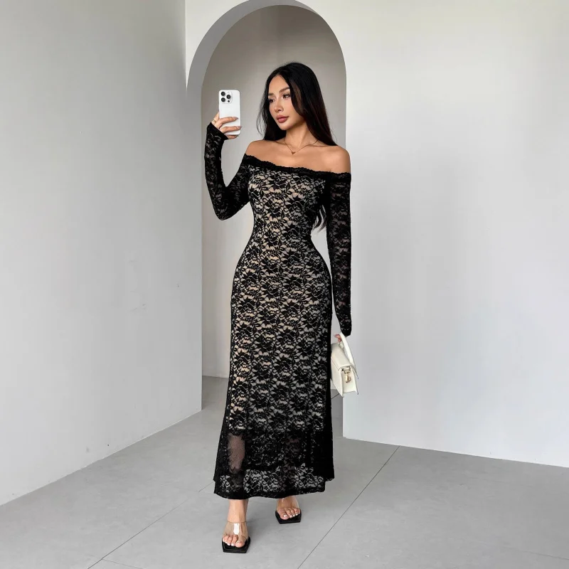 

2025Autumn Winter New Long Sleeve Lace Off-Shoulder Slim Fit Long Dress for Women