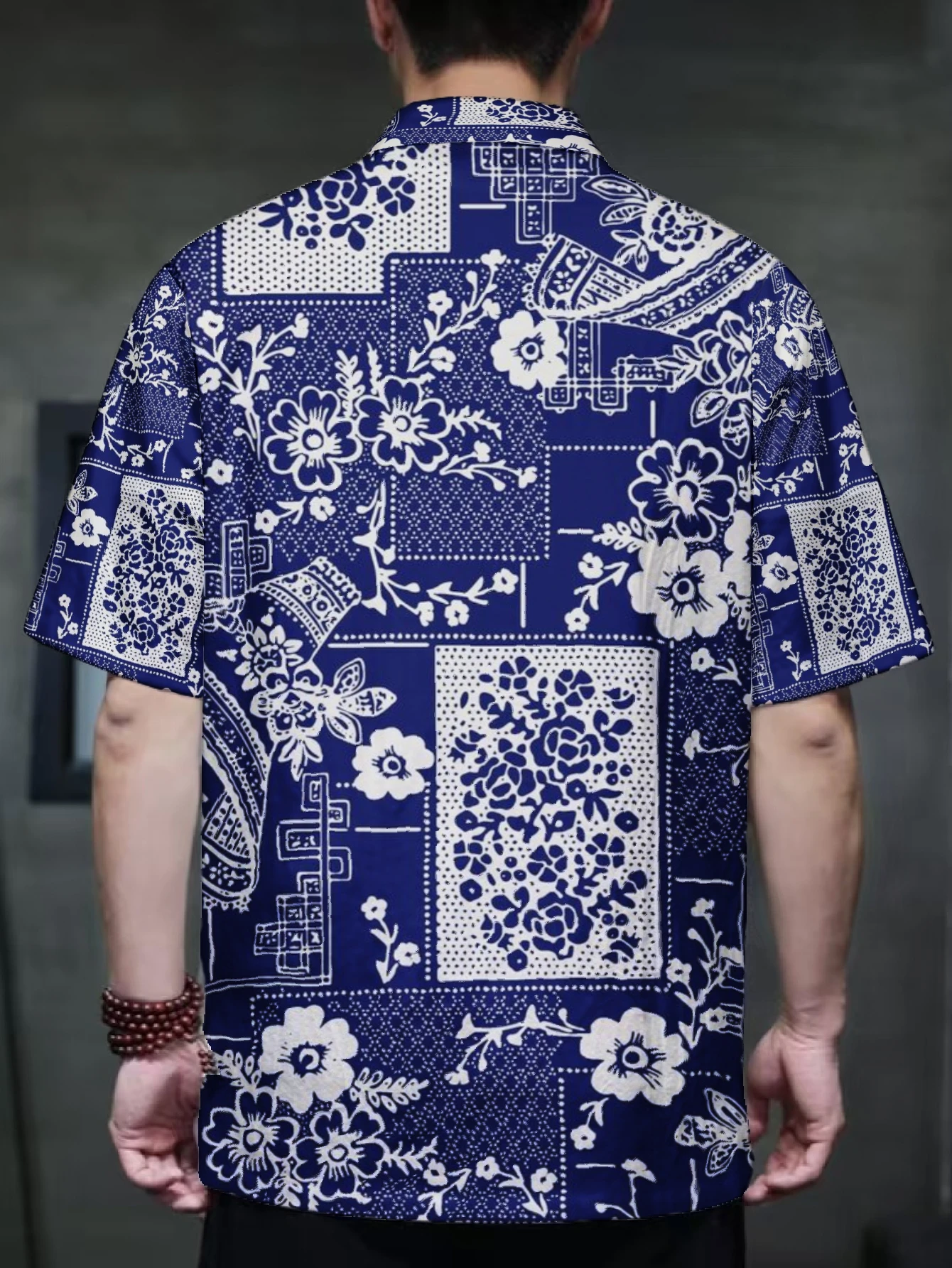 Men Mandarin Collar Frog Button Short Sleeve Shirt Tie Dye Vintage Floral Print Oriental Casual Top With Dual Front Pockets