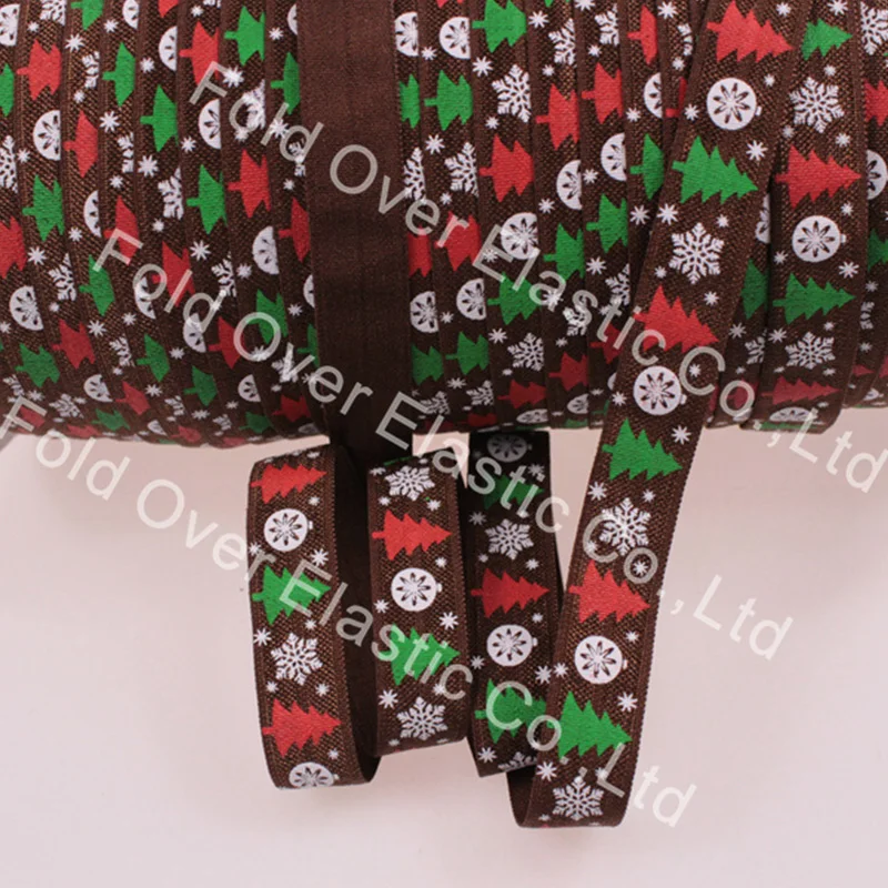 

Wholesale OEM 5/8 Inch 15mm Ink Christmas Tree Printed 850 Brown FOE Fold Over Elastic Ribbon For Headband DIY Hairband