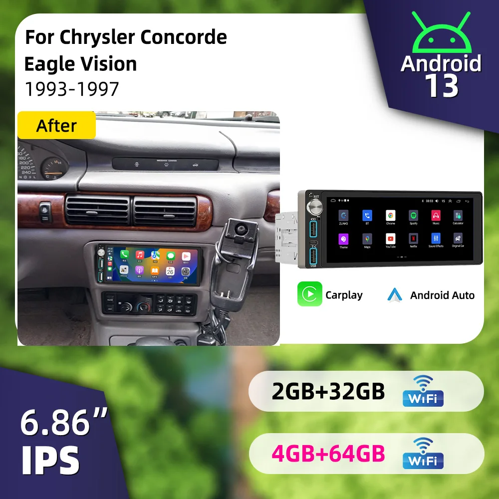 Autoradio 1 DIN de 6.86 Pulgadas con Sistema Android para Chrysler Concorde Eagle Vision 1993-1997, Radio Multimedia para Auto con GPS, Carplay y Unidad Principal Estéreo