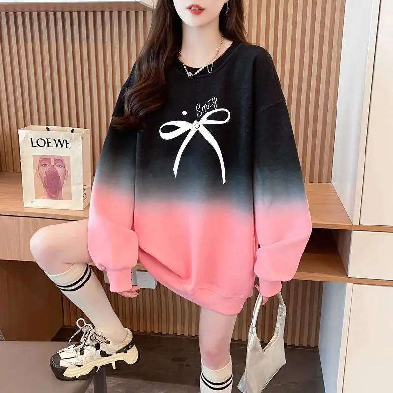 Korean Version Bow Women\'s 2024 Spring and Autumn New Splicing Pullovers O-Neck Print Gradient Loose Casual Long Sleeved Hoodies