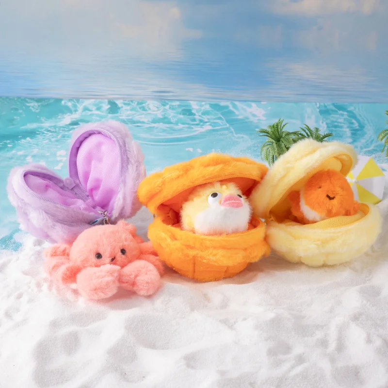 ​​Beach Ocean Themed Party​​ Decor Mini Cute Sea Animals Plushies Bag Pendant Shell Turtle Crab Soft Toy Plush Keychain