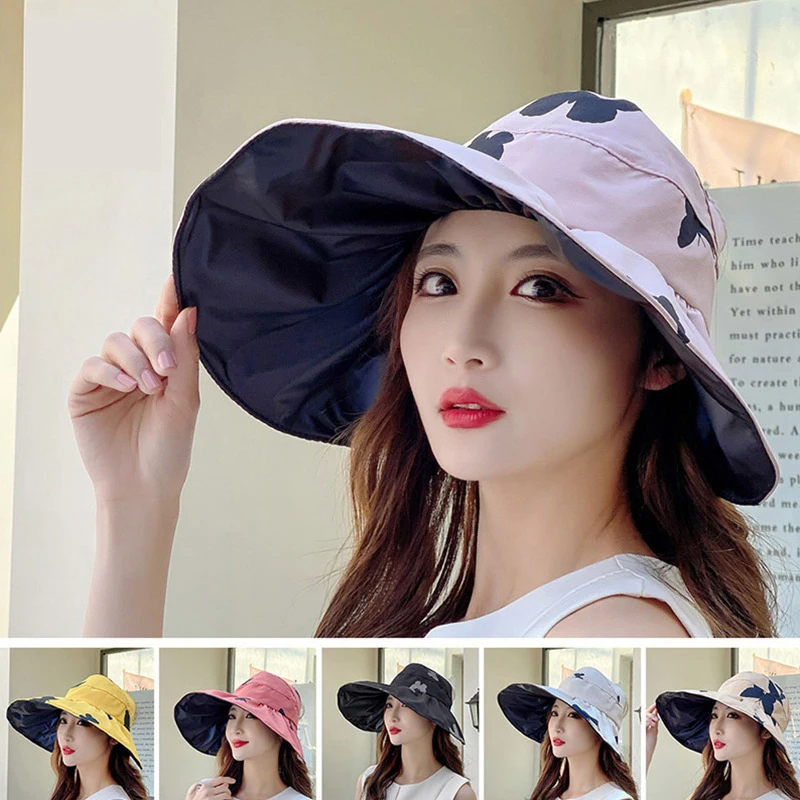 

UV Protection Empty Top Sun Hats Outdoor Summer Women Bucket Hat Panama Cap Soft Foldable Wide Brim Outdoor Butterfly Beach Hat