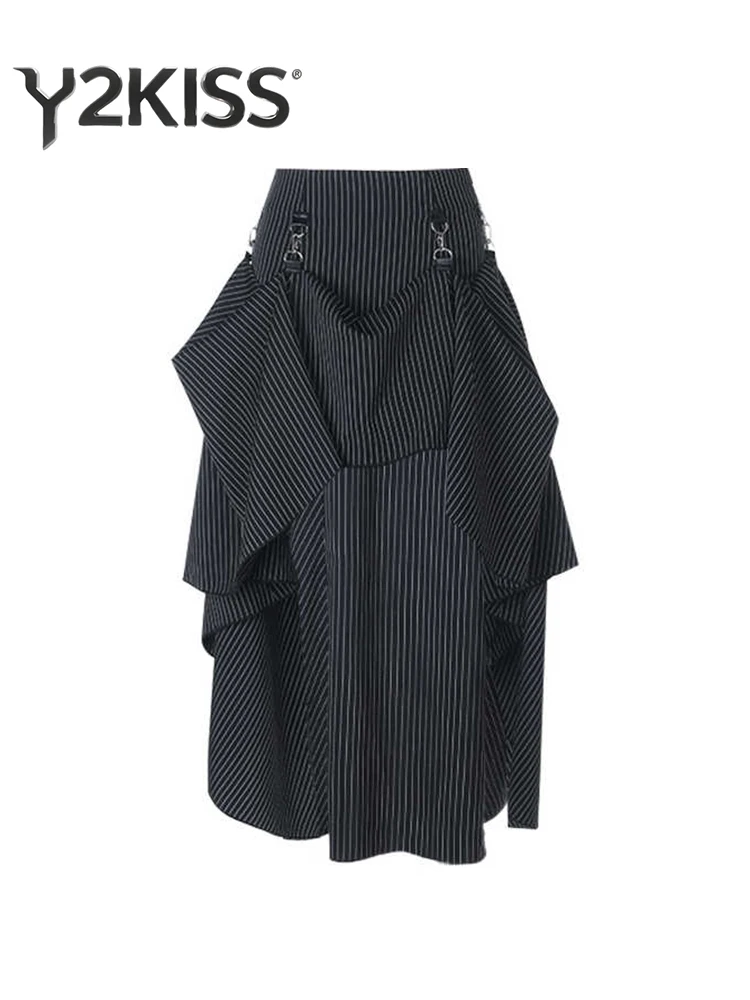 

2025 Autumn Winter Women Gyaru 2000s Maxi Striped Goth Skirt Cyber Punk Japanese Y2k Dark Academia Design High Waist Gyaru New