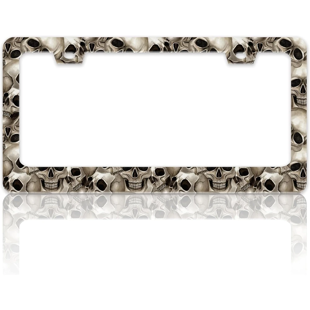 Skull License Plate Frame Stainless Steel Skeleton Gothic License Plate Holder for Front and Rear Car Tags Funny for Car Decor