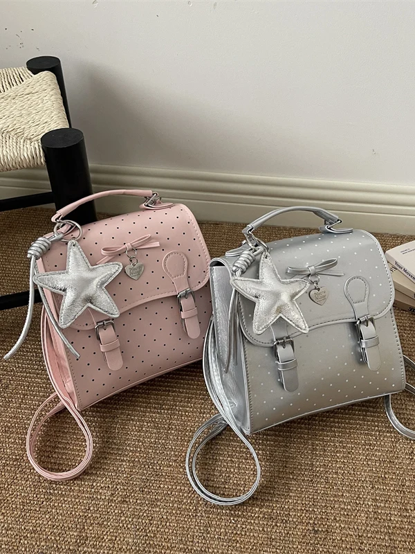 Trendy College Student Backpack Women's 2026 New Style Casual Versatile Single Shoulder Crossbody Bag for Class Polka Dot Design