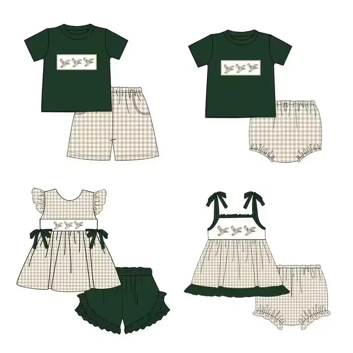 Children's clothing new boutique children set pearl duck print shorts lace suspenders girls men plaid shorts set baby romper