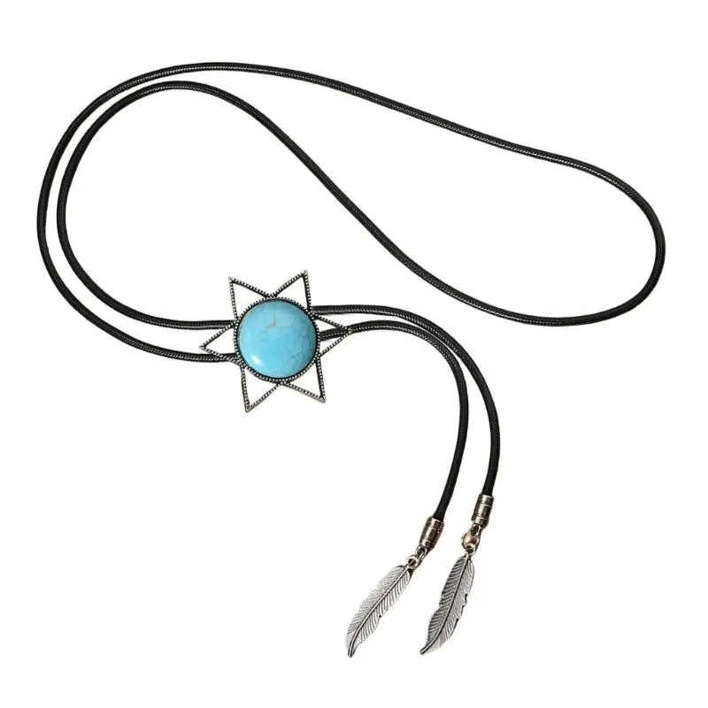 

31BB мужской галстук-боло ковбойский кожаный веревочный ожерелье с винтажной бирюзовой подвеской в ​​виде перьев ювелирные