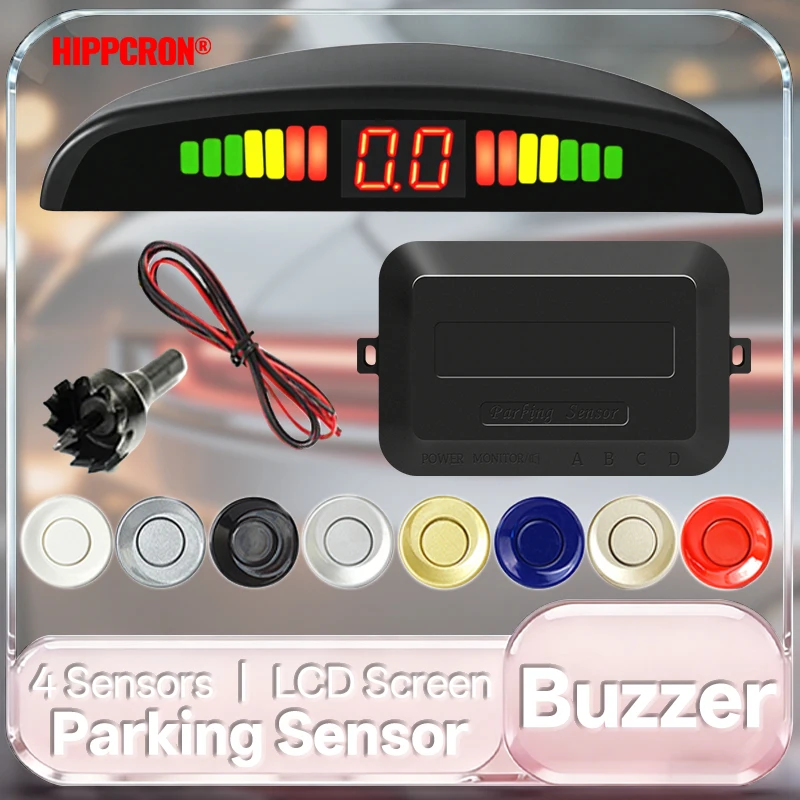 HIPPCRON Auto-Einparksensorsystem mit Hintergrundbeleuchtung, Parktronic-Monitor, LED-Anzeige, Rückfahrunterstützung, 4 Sensoren, 22 MM, 12V, 8 Farben