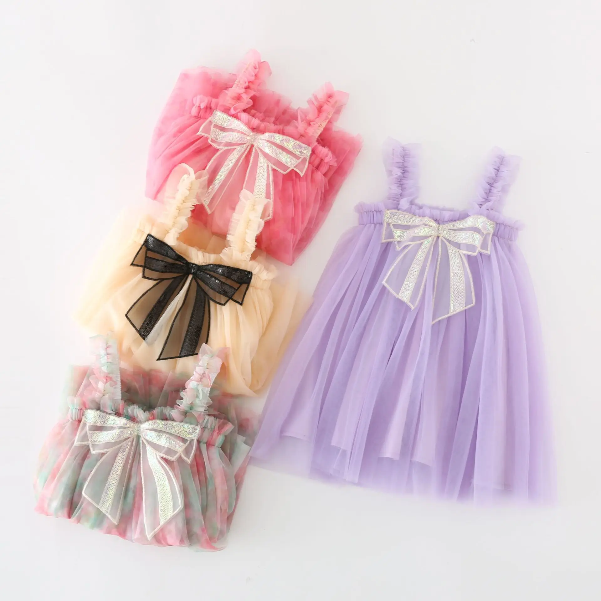 2024 Summer New Baby Girl Dress Mixed Color Three Dimensional Sequin Bow Accessories Baby Girl Clothes Princess Suspender Skirt