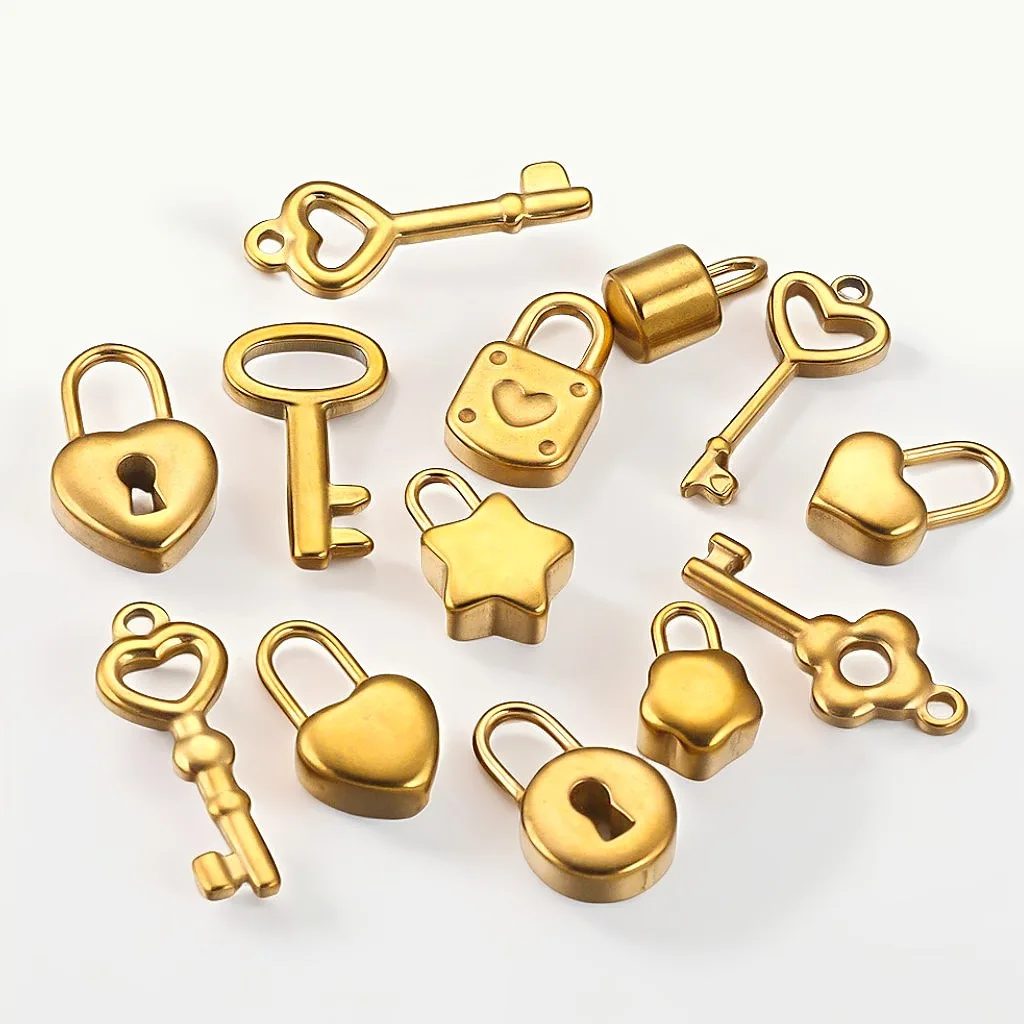 High Quantity Stainless Steel Pendant Women Men Unique Shape Lock Key Crystal Charms For DIY Necklace and Bracelet