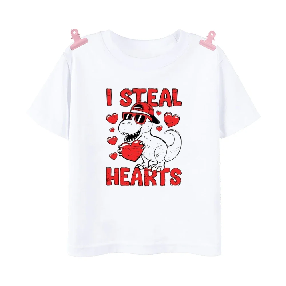 I Steal Hearts Dinosaur Print Kids Shirts Boy Girls Valentine's Day Outfit T-shirt Child Short Sleeve Tee Clothes Children Tops