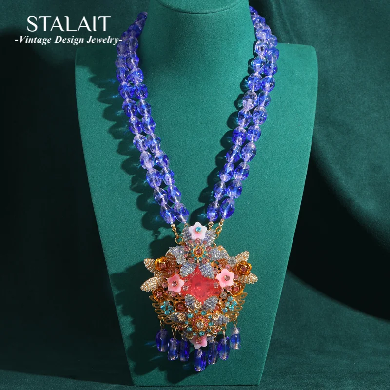 

Large Flower Necklaces Woman Layerd Beads Blue Glass Natural Stone Handmade Beach Accessories Luxury Designer Jewelry 2025 New