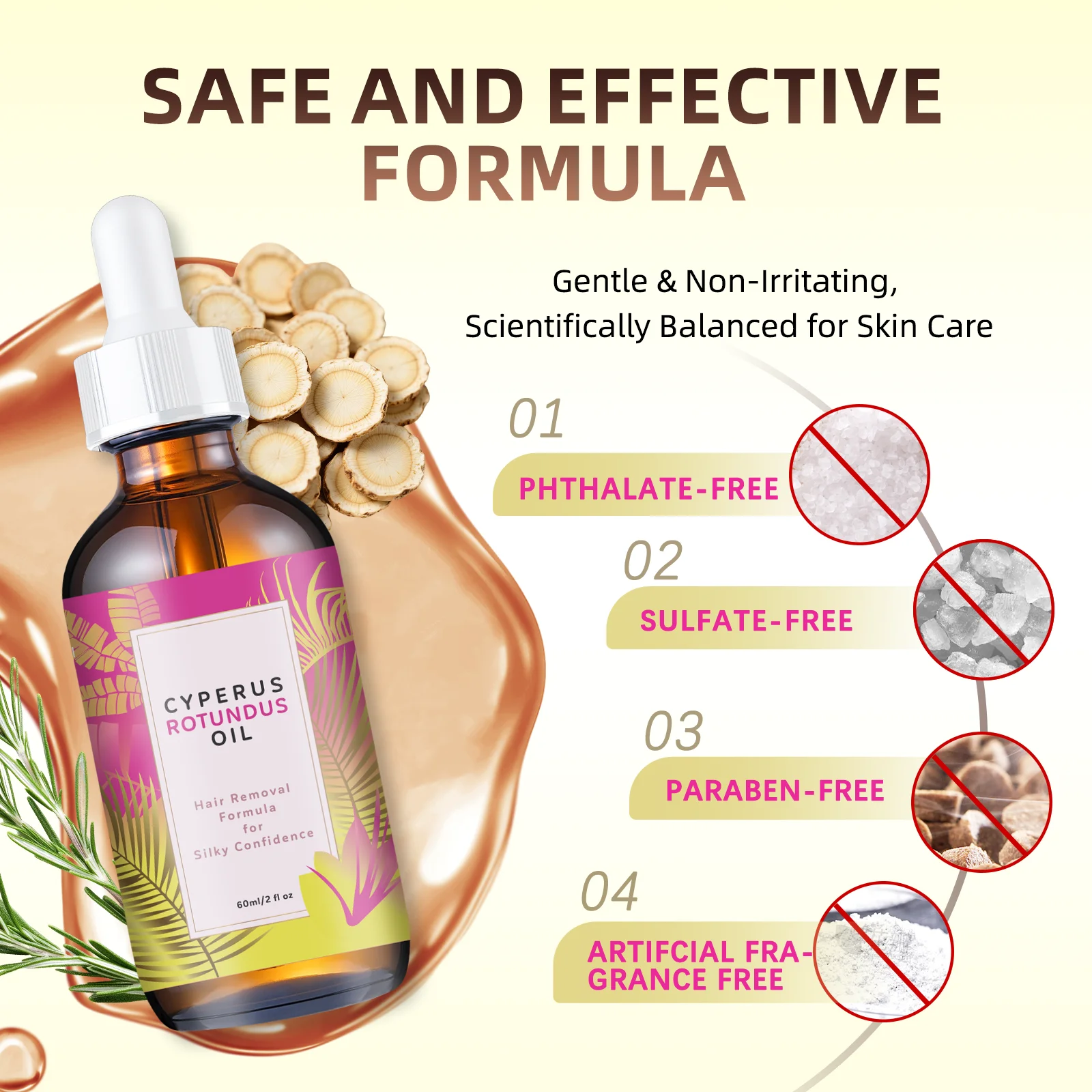 زيت إزالة الشعر 60 مل - مثبط نمو الشعر الطبيعي بزيت اللوز جوجوبا، للبشرة الناعمة، تركيبة لطيفة لجميع أنواع البشرة