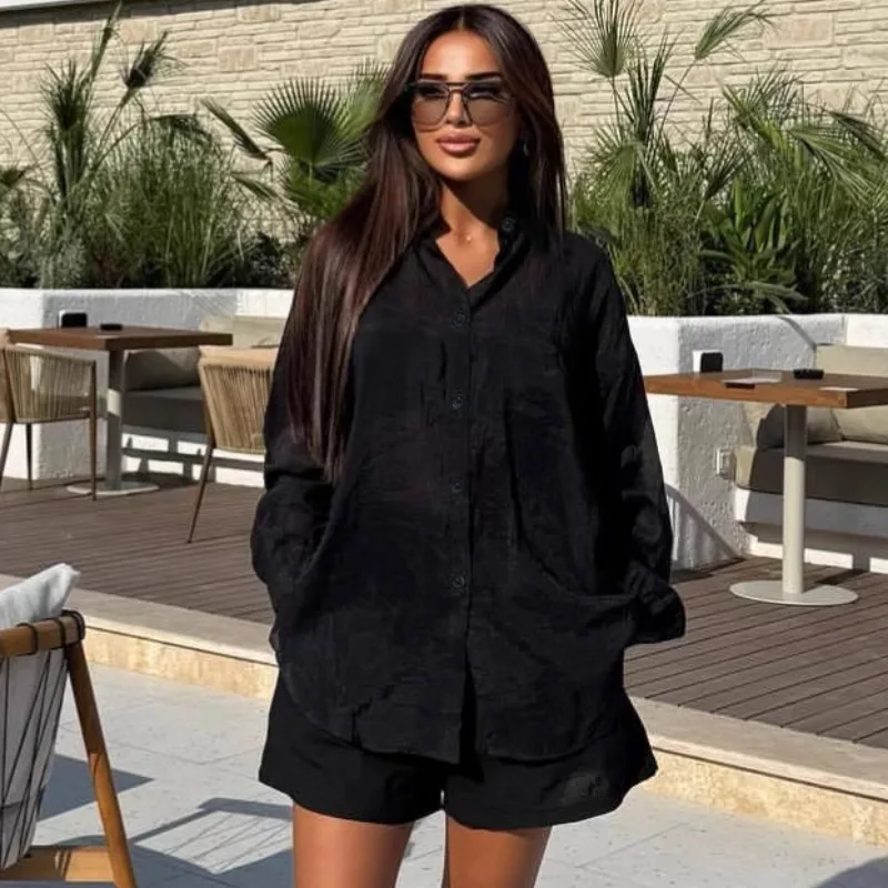 Plus Size African Women's 2Pcs Black Summer Set Sheer Oversized Shirt + Shorts Set Elegant Casual Beachwear Outfit For Vacation