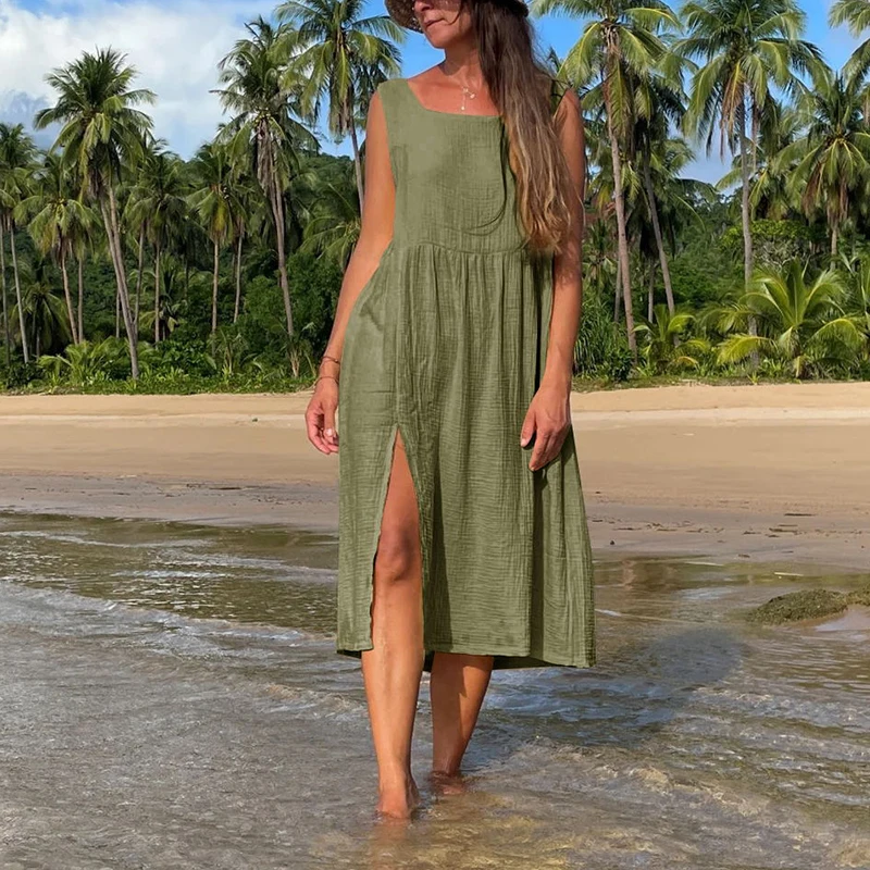 

Newly 100% Cotton Gauze Dress For Women 2023 Square Collar Sleeveless Open Side Long Dress Summer Comfortable Beach Outfit