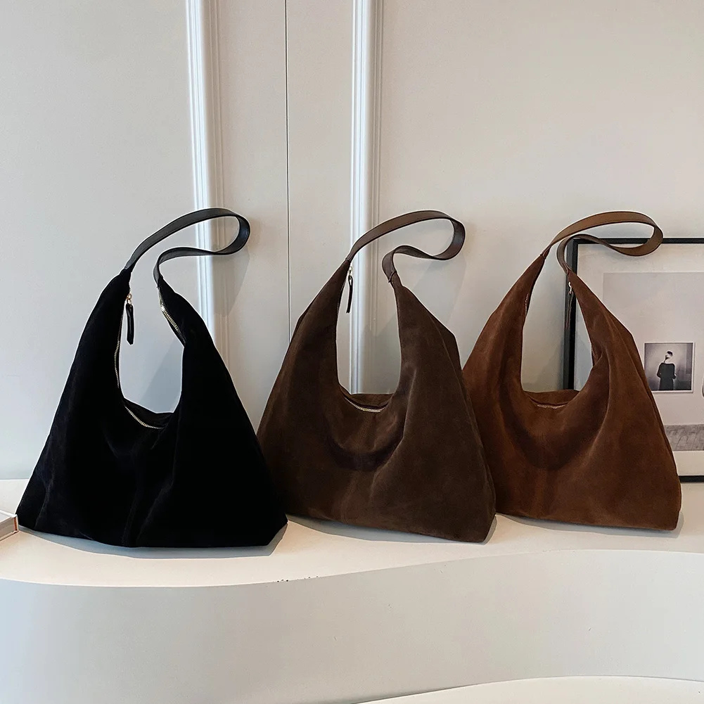 Women Suede Shoulder Bag with Zipper Hobo Bag Large Capacity Handbag Slouchy Bag Commuter Travel Bag image 2